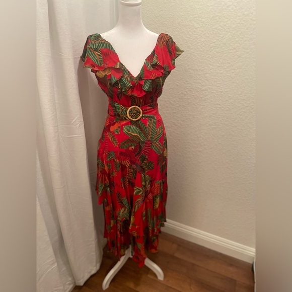 FARM Rio Dresses & Skirts - Farm Rio Red Forest Birds Belted Midi Dress Small